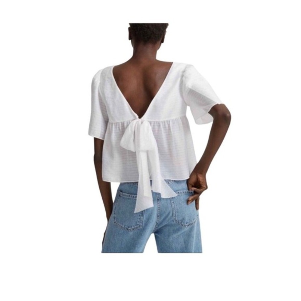 Club Monaco Ahlam Tie Back Blouse White Flowy Knit Short Sleeve‎ XS